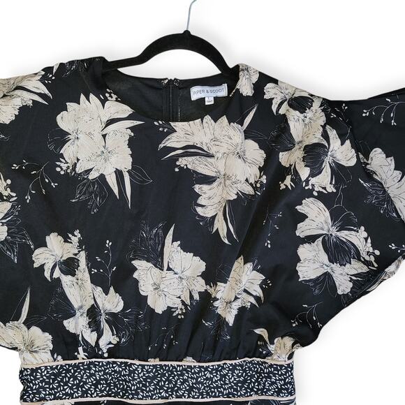 Piper & Scoot Floral Wide Leg Crew Neck Jumpsuit Flare Sleeves Women Sz L - Picture 3 of 10